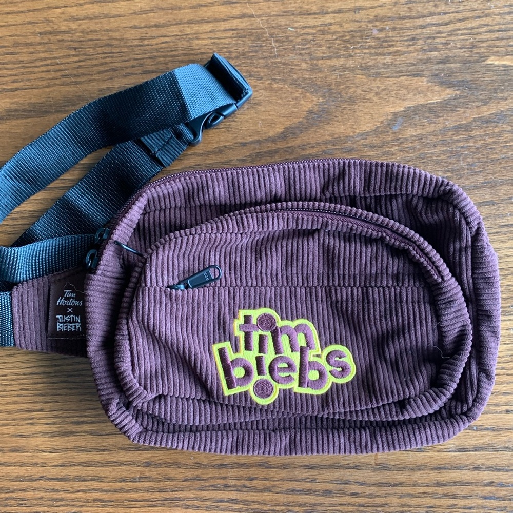 Justin Bieber x Tim Horton’s tim biebs brown corduroy collectible Fanny pack EUC